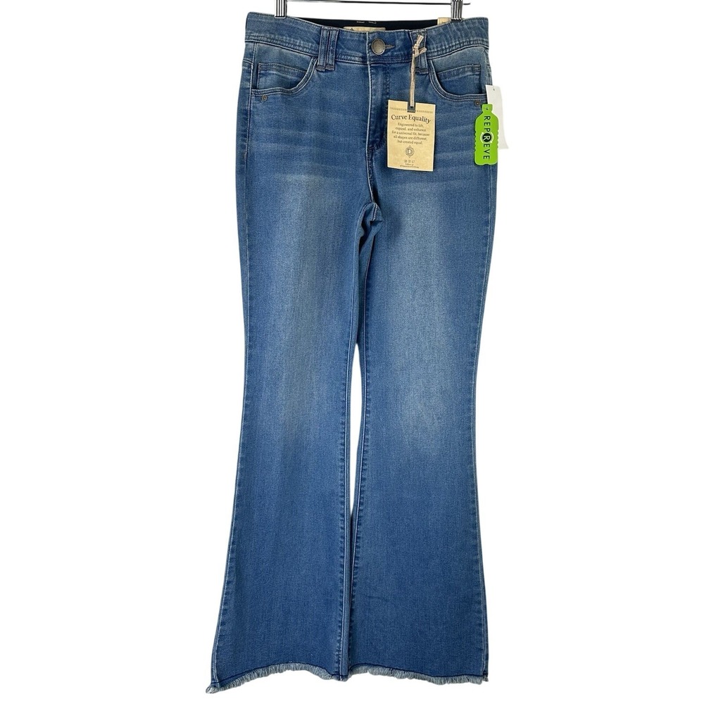 NWT Democracy Ab Technology High Rise Out There Flare Jeans Blue Raw Hem Women 6